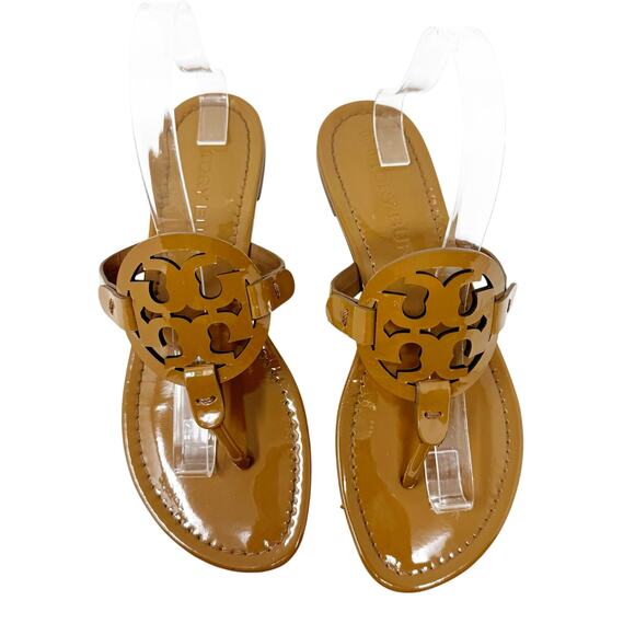 TORY BURCH Tan Caramel Patent Leather Miller Classic Designer Logo Sandals Sz 9 - Picture 2 of 8